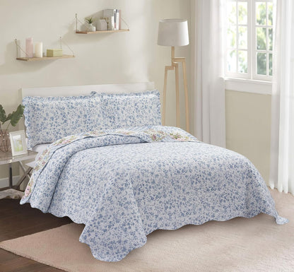 Brilliant Sunshine Blue Rose Patchwork, 3-Piece Quilt Set with 2 Shams, Reversible Bedspread, Soft Lightweight Coverlet, All-Season, King, Blue Rose