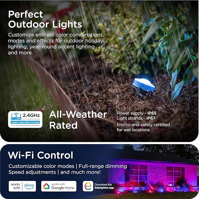 Enbrighten Vibe Eternity Garden Lights, 50ft, 12 RGBWIC LEDs, Waterproof, Uplights, Outdoor Landscape Lighting, Home Exterior Spotlight, Smart App, Compatible with Alexa, Google Home, 83790