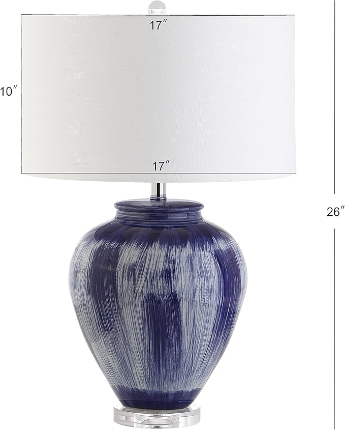 JONATHAN Y 26" Seaside Blue Ceramic LED Table Lamp, Coastal Glam Reactive Glaze Lamp with Crystal Base for Living Room Bedroom, White Linen Drum Shade, LED Bulb Included JYL5013A