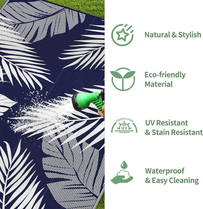 GENIMO Outdoor Rug 10' x 14' Waterproof for Patios Clearance, Reversible Outdoor Plastic Straw Camping Rug Carpet, Large Area Rugs Mats for RV, Camper, Deck, Balcony, Porch, Beach, Navy Blue&White