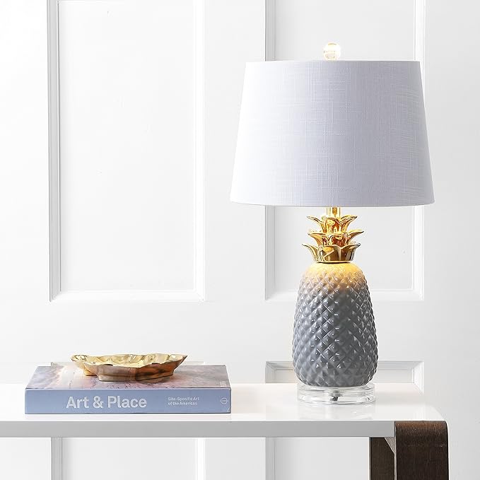 JONATHAN Y 23" Gray/Gold Pineapple Ceramic Table Lamp for Bedroom Decor, Modern Whimsical Bedside Nightstand Lamp with White Linen Drum Shade and LED Bulb (JYL4019B)