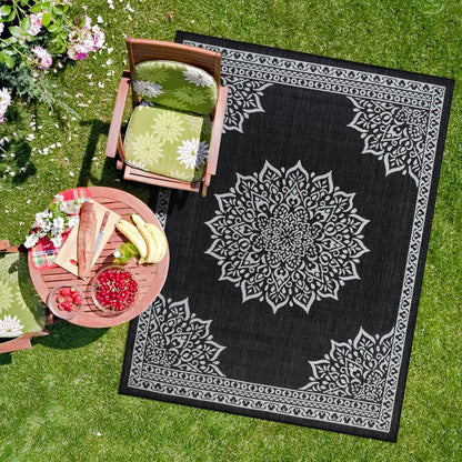 CAMILSON Outdoor Rug, 9x12 Medallion Black White Modern Area Rugs for Large Indoor and Outdoor Patios, Kitchen and Hallway Mats, Washable Porch Deck Outside Carpet (Medallion Black, 9 x 12)