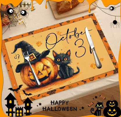 Halloween Pumpkin Placemats Set of 4, 12x18 Inch Pumpkin and Black Cat Table Mat, Washable Heat Resistant Place Mats for Kitchen Dining Table, Spooky Themed Decoration for Home-B09