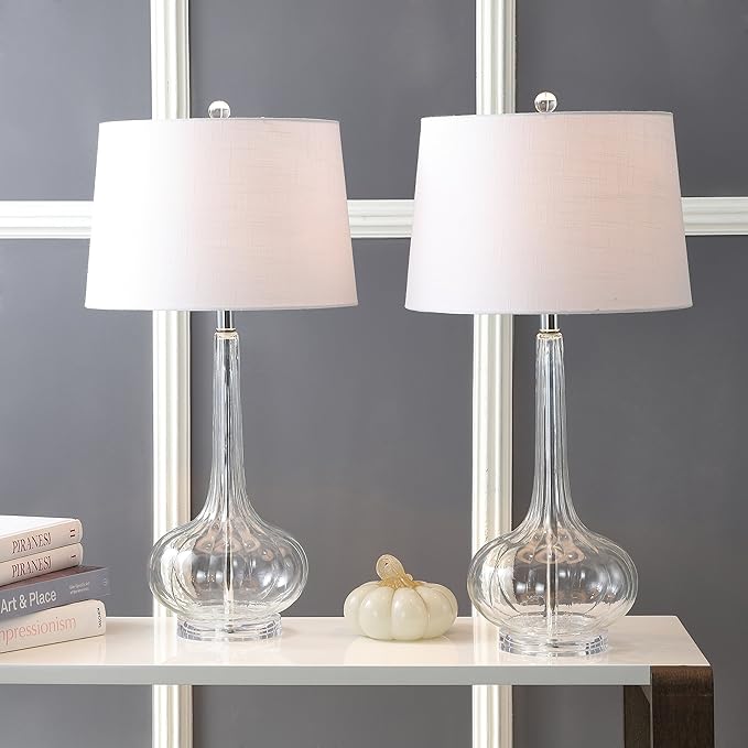 JONATHAN Y 28.5" Clear Glass Teardrop LED Table Lamp Set of 2 for Living Room Bedroom Nightstand, White Linen Shade Modern Transitional Bedside Desk Lamp (JYL1079C-SET2)
