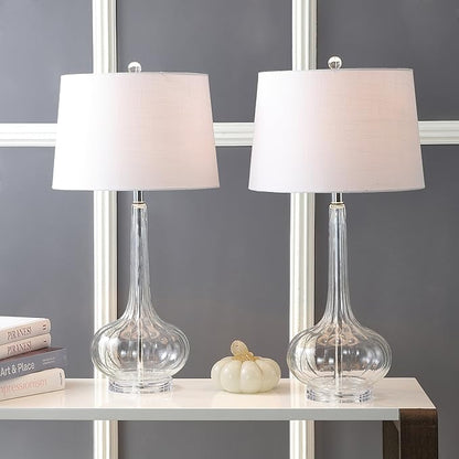 JONATHAN Y 28.5" Clear Glass Teardrop LED Table Lamp Set of 2 for Living Room Bedroom Nightstand, White Linen Shade Modern Transitional Bedside Desk Lamp (JYL1079C-SET2)