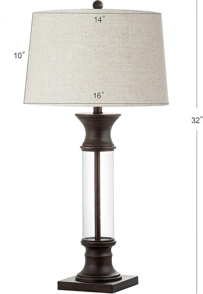 JONATHAN Y 32" Bronze and Clear Glass Table Lamp Set of 2 for Living Room, Rustic Farmhouse Bedside Nightstand Lamps with Gray Linen Drum Shade, LED Bulbs Included JYL4000A-SET2