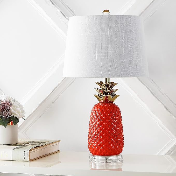 JONATHAN Y 23" Orange/Gold Pineapple Ceramic Table Lamp for Bedroom Decor, Modern Whimsical Bedside Nightstand Lamp with White Linen Drum Shade and LED Bulb (JYL4019E)