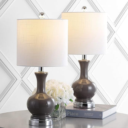 JONATHAN Y 22" Gray/Chrome Modern Glass Table Lamp Set of 2, Brass Gold Bedside Lamp with White Linen Shade for Bedroom Living Room, LED Bulbs Included (JYL4033B-SET2)