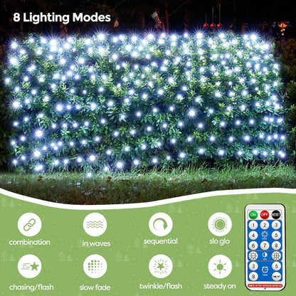 WBao Solar Christmas Lights Outdoor 200LED F8 Big Bulbs, 8.4ft x 5.2ft Christmas Net Lights with Remote Control, 8 Modes, Timer, Waterproof for Lawn, Bushes, Outdoor Christmas Decorations, Cool White