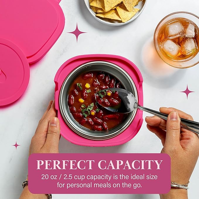 Paris Hilton Electric Lunch Warmer, 20-Ounce Stainless Steel Portable Food Container With Sealing Lid, Removable 2.5-Cup Inner Dish, Bow Front Decal, Hot Pink