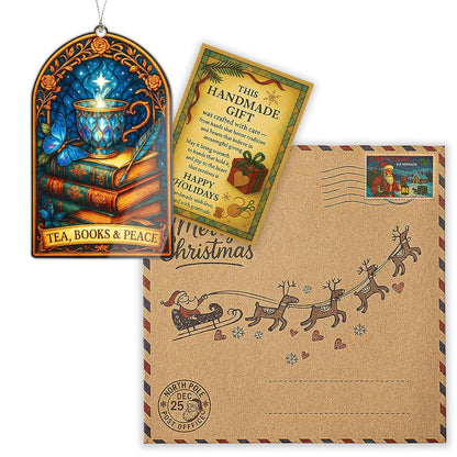 Tea Books Peace Ornament – book lover – tea gifts – reading decor – christmas ornament – Suncatcher effect stained glass window hanging – Car Hanging