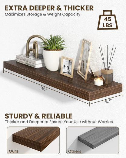 Marsmiles 36" Floating Shelves for Wall, Wooden Shelves with Invisible Brackets Set of 2, Rustic Farmhouse Wall Mounted Shelf for Kitchen Bathroom Living Room Study, Walnut