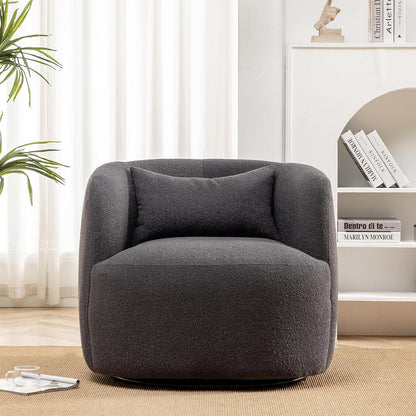 KINWELL 34" Wide Boucle Swivel Barrel Chair, No Assembly Round Upholstered Armchair Accent Chair Single Sofa Chair with Toss Pillow for Living Room and Bedroom, Dark Grey