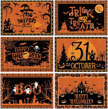 Umigy 6 Pcs Halloween Placemats 12"x18" Gothic Bat Placemats Kitchen Decoration Washable Witch Place Mats Rectangle Skull Table Mats for Halloween Dining Table Accessories(Black Orange Style)