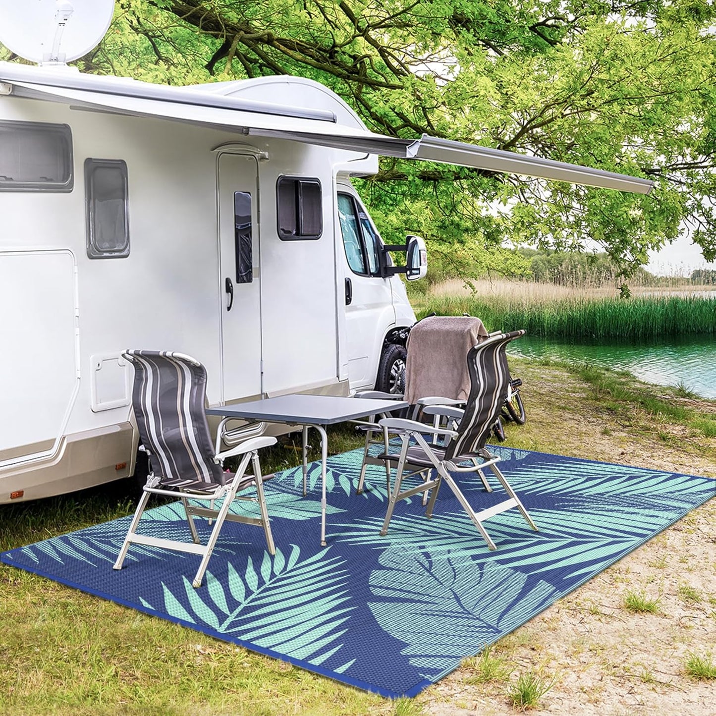 GENIMO Outdoor Rug 8' x 10' Waterproof for Patios Clearance, Reversible Outdoor Plastic Straw Camping Rug Carpet, Large Area Rugs Mats for RV, Camper, Deck, Balcony, Porch, Beach Royal Blue&Blue Green