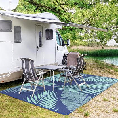 GENIMO Outdoor Rug 8' x 10' Waterproof for Patios Clearance, Reversible Outdoor Plastic Straw Camping Rug Carpet, Large Area Rugs Mats for RV, Camper, Deck, Balcony, Porch, Beach Royal Blue&Blue Green