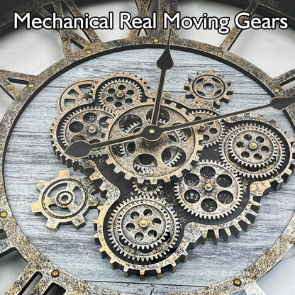 DORBOKER 40" Original Moving Gears Wall Clock, Large Industrial Wall Clock for Living Room Decor,Oversized Wood Vintage Farmhouse Steampunk Rustic Clocks for Wall Decor,Silver Grey
