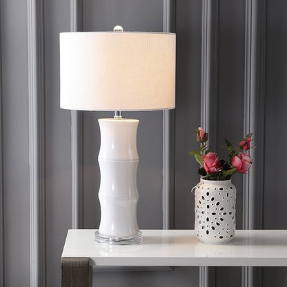 JONATHAN Y 26.5" White Ceramic Table Lamp for Living Room, Bedroom Nightstand, White Linen Drum Shade, Bamboo Design Modern Bedside Desk Lamp with LED Bulb Included (JYL3015C)