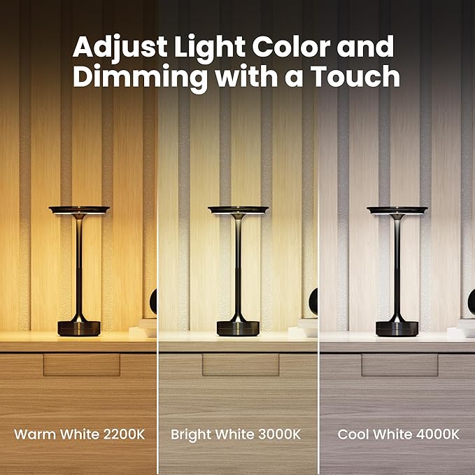 Feit Electric Rechargeable Table Lamp Touch Activated, 3 Color Temperatures, Dimmable, 100 Lumens, 3 Watts, USB Type-C Charging, Potable & IP44 Rated for Indoor/Outdoor Use, TABLE/3CCT/BK/BAT