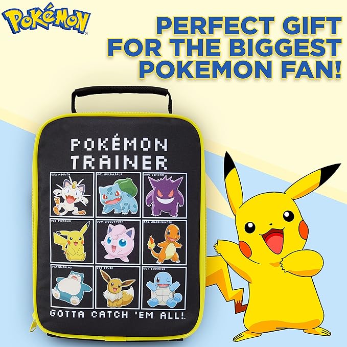 Pokemon Lunch Bag Boys Girls Anime Pikachu Insulated Lunch Box Kids Cooler Bag for Snacks Daycare Travel Picnic School Supplies Gifts for Kids(Black)