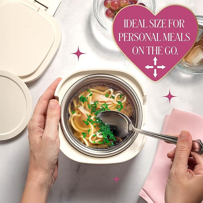 Paris Hilton Electric Lunch Warmer, 20-Ounce Stainless Steel Portable Food Container With Sealing Lid, Removable 2.5-Cup Inner Dish, Cream