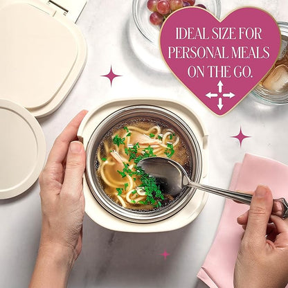 Paris Hilton Electric Lunch Warmer, 20-Ounce Stainless Steel Portable Food Container With Sealing Lid, Removable 2.5-Cup Inner Dish, Cream