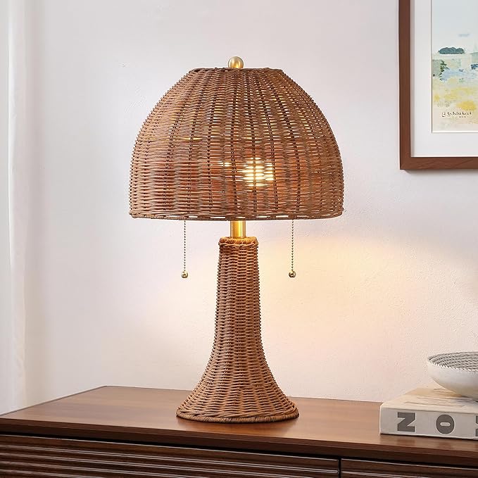 JONATHAN Y 22" Dark Brown/Brass Gold Bohemian Rustic LED Table Lamp for Bedroom, Natural Rattan Shade, Farmhouse Coastal Nightstand Lamp for Living Room, LED Bulbs Included (JYL4040C)