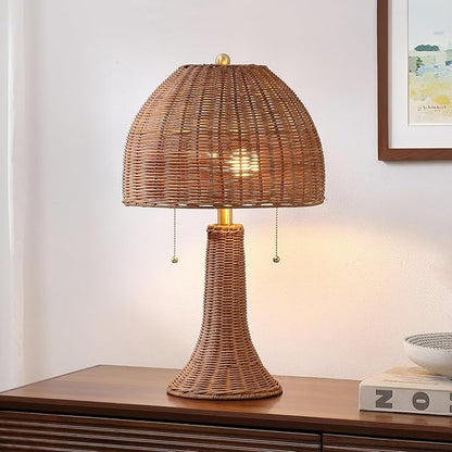 JONATHAN Y 22" Dark Brown/Brass Gold Bohemian Rustic LED Table Lamp for Bedroom, Natural Rattan Shade, Farmhouse Coastal Nightstand Lamp for Living Room, LED Bulbs Included (JYL4040C)