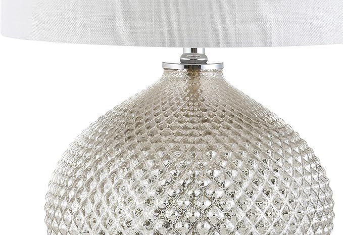 JONATHAN Y 22.5" Mercury Silver Textured Glass Table Lamp, Contemporary Nightstand Lamp for Living Room Bedroom, White Linen Drum Shade, LED Bulb Included JYL1082A