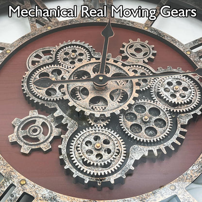 DORBOKER 36" Original Moving Gears Wall Clock, Large Industrial Wall Clock for Living Room Decor,Oversized Wood Vintage Farmhouse Steampunk Rustic Clocks for Wall Decor,Black Walnut
