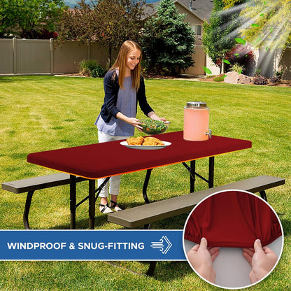 Fitted Tablecloth for 8 Foot Rectangle Tables-4 Pack Red Elastic Outdoor Picnic Table Cover-Spandex Stretch Folding Table Cloths 8ft for Camping Dining Room Patio Kitchen Banquet Party