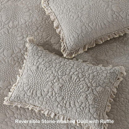 HORIMOTE HOME Beige Ruffled Quilt Twin Size, Stone-Washed Microfiber Lightweight Crinkled Farmhouse Rustic Shabby Chic Bedding Set, 2 Pieces Reversible Bedspread with Pillow Sham for All Season