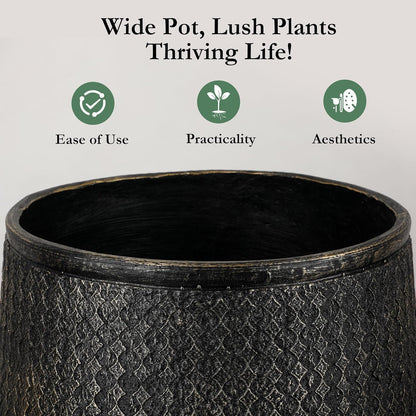 Worth Garden 12" Dia x 15" H Round Planter – Lightweight Magnesium Oxide Cement Plant Pot with Texture – Raised Pattern Concrete Look – Drainage Hole – Indoor & Outdoor Use - Black Gold