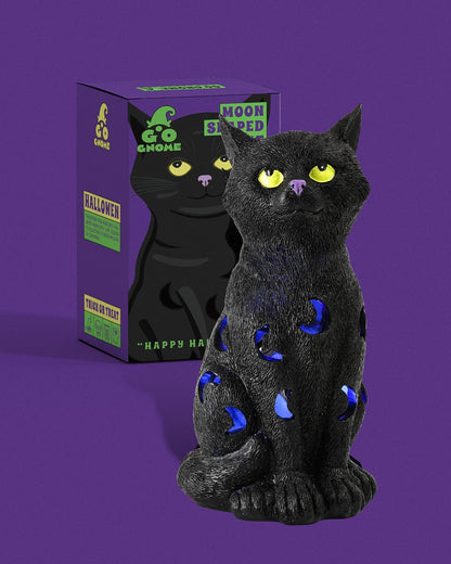Black Cat Decor Halloween Decorations - 7.3'' Tall Resin Figurine with Moon Cutouts Color-Changing LED Flickering Lights (Halloween Cat)