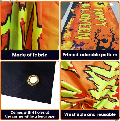 KatchOn Spooky Happy Halloween Banner - XtraLarge, 72x44 Inch | Orange Halloween Photo Backdrop for Decorations & Photography