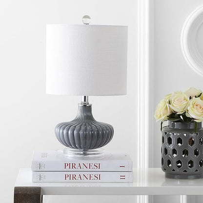 JONATHAN Y 18" Gray Fluted Glass and Lucite Table Lamp, Contemporary Teardrop Bedside Lamp with White Linen Drum Shade for Nightstand, Console Table, LED Bulb Included JYL1032A