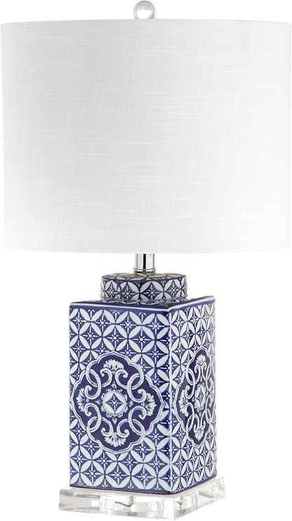 JONATHAN Y 23" Blue and White Chinoiserie Ceramic Table Lamp, Traditional Hand-Painted Bedside Lamp for Living Room Bedroom, White Linen Drum Shade, LED Bulb Included JYL3006A