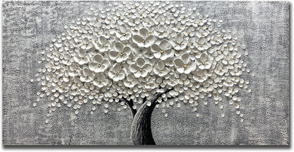 Yika Art - 24x48 Inch 3D White Flower Painting Abstract Textured Knife Platte Acrylic on Canvas 3D Flowers Tree Painting Ready to Hang