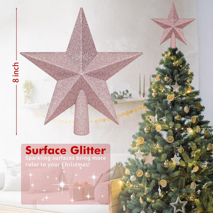 Tree Topper Star, 8" Rose Gold Christmas Star Tree Topper Accessories, Xmas Glitter 3D Bethlehem Tree Topper Ornament, Waterproof Holiday Christmas Tree Topper Star Decor for Home Indoor Outdoor