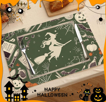 Halloween Bat Placemats Set of 4, 12x18 Inch Pumpkin Witch Table Mats, Washable Heat Resistant Place Mats for Kitchen Dining Table, Halloween Spooky Themed Decoration for Home-B10