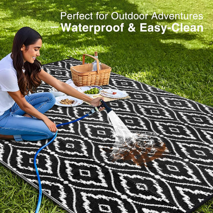 OLANLY Outdoor Rug 6x9 ft Waterproof, Outdoor Plastic Straw Rug with Geometric Pattern Clearance, Reversible RV Mat for Patio, Camping, Balcony, Deck, Backyard, Black & White