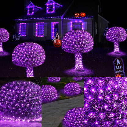 WBao Halloween Lights Outdoor 360LED 11.5ft x 6.9ft Halloween Net Lights with 8 Modes, Timer, Connectable, Waterproof & Dark Green Wire for Lawn, Bushes, Shrubs Outdoor Holiday Decorations, Purple