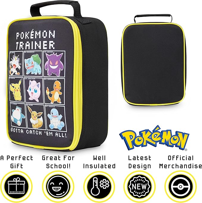 Pokemon Lunch Bag Boys Girls Anime Pikachu Insulated Lunch Box Kids Cooler Bag for Snacks Daycare Travel Picnic School Supplies Gifts for Kids(Black)