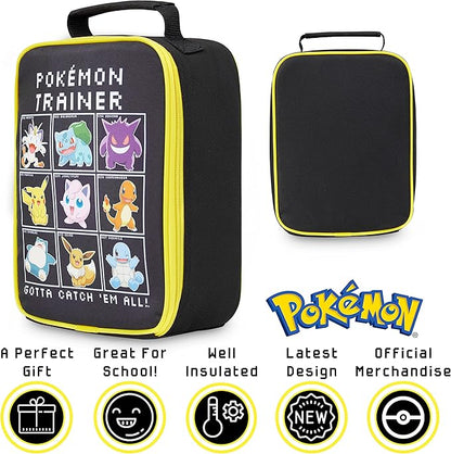 Pokemon Lunch Bag Boys Girls Anime Pikachu Insulated Lunch Box Kids Cooler Bag for Snacks Daycare Travel Picnic School Supplies Gifts for Kids(Black)