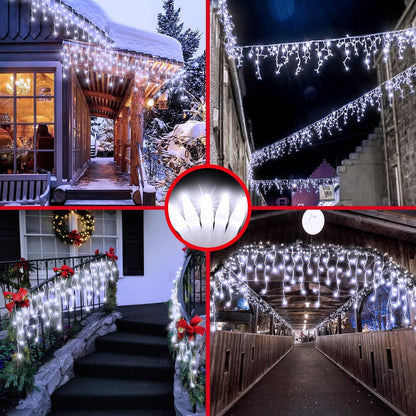 504LED 50ft Christmas Lights, 112Drops 12 Modes Cool White Christmas String Lights Outdoor Dimmable, Waterproof Christmas Decoration Fairy Lights with Timer for Indoor Eaves Party Patio Window Fence