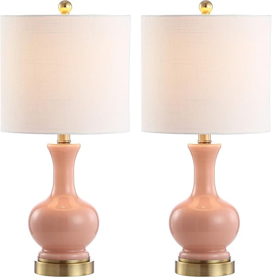 JONATHAN Y 22" Light Coral/Brass Gold Modern Glass Table Lamp Set of 2, Brass Gold Bedside Lamp with White Linen Shade for Bedroom Living Room, LED Bulbs Included (JYL4033D-SET2)