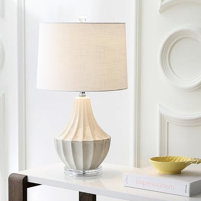 JONATHAN Y 24.5" Cream Ceramic Table Lamp for Bedroom, Modern Bedside Desk Lamp, White Linen Drum Shade, Fluted Gourd for Living Room, LED Bulb Included (JYL8018C)