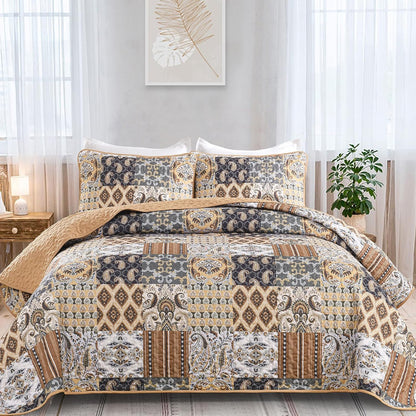 WONGS BEDDING Boho Quilt Set Queen Size, Dark Brown Plaid Patchwork Bedspread Bedding Set Soft Microfiber Quilt for Queen Bed Reversible 3 Pieces Coverlet Set for All Season (96"x90")