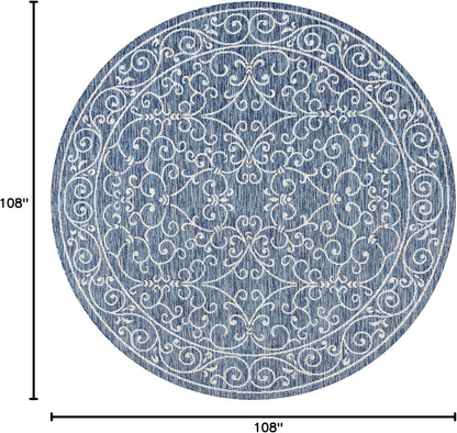 JONATHAN Y Vintage Filigree Indoor Outdoor Round Area Rug 9 Ft Navy/Gray, Charleston Textured Weave for Backyard, Patio, Porch, Easy-Cleaning, High Traffic, Pet-Friendly, Non-Shedding (SMB106D-9R)