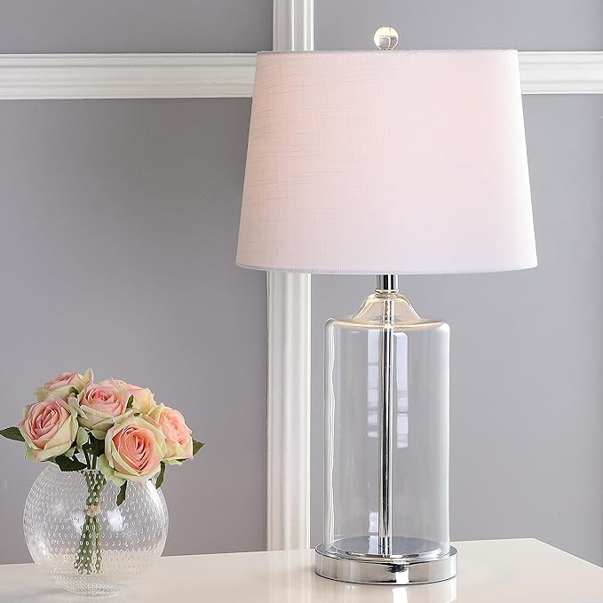 JONATHAN Y 25" Clear Glass and Chrome LED Table Lamp, Modern Coastal Bedside Lamp with White Linen Drum Shade for Living Room, Farmhouse Decor, LED Bulb Included JYL1018A